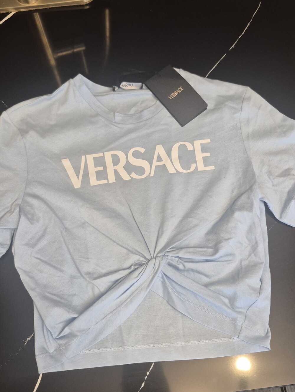 Versace Light Blue Logo Knot Crop Top